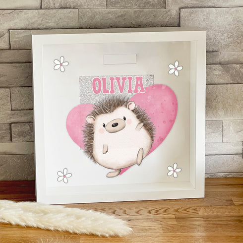 Personalised White Wooden Money Box Frame for New Baby Custom Name Savings Bank Adorable Hedgehog Gift Idea