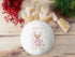 Personalised Babies First Christmas Decoration, White Plush Hanging Bauble with Gold Reindeer Antlers & Gold Hanging String. Pink Reindeer