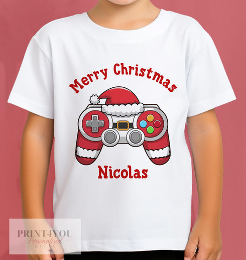 Personalised Children's Gaming Christmas T-Shirt - Xmas Controller Boys Design, Gingerbread man, Snowman, Santa, Reindeer, Elf
