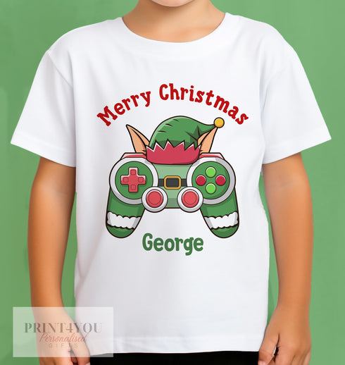 Personalised Children's Gaming Christmas T-Shirt - Xmas Controller Boys Design, Gingerbread man, Snowman, Santa, Reindeer, Elf