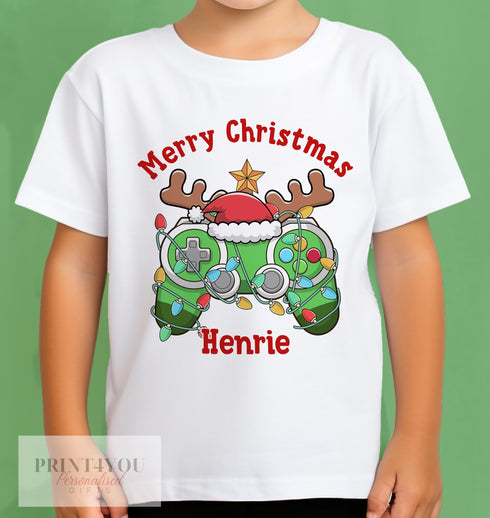 Personalised Children's Gaming Christmas T-Shirt - Xmas Controller Boys Design, Gingerbread man, Snowman, Santa, Reindeer, Elf
