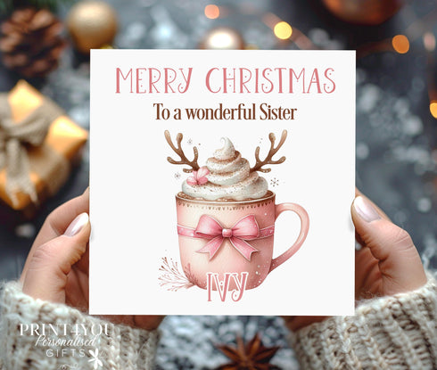 Personalised Christmas Card, Pink Reindeer Hot Chocolate, Card for Daughter, Sister, Niece, Granddaughter, Cousin, Best Friend, Mum, Nan
