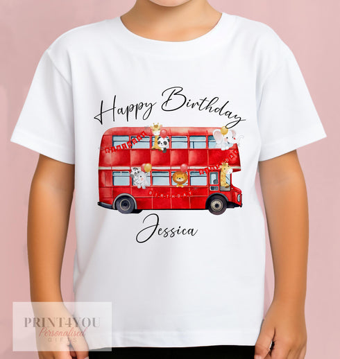 Personalised Red London Bus T-Shirt for Kids, Bus with Safari Animals, White Cotton Custom Name & Birthday Design, DTG Printed - Up to 10yrs
