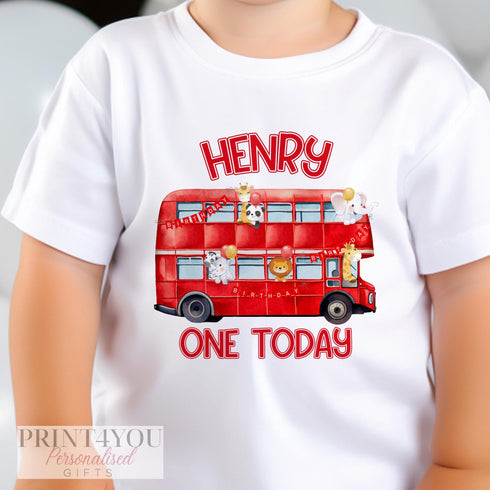 Personalised Red London Bus T-Shirt for Kids, Bus with Safari Animals, White Cotton Custom Name & Birthday Design, DTG Printed - Up to 10yrs