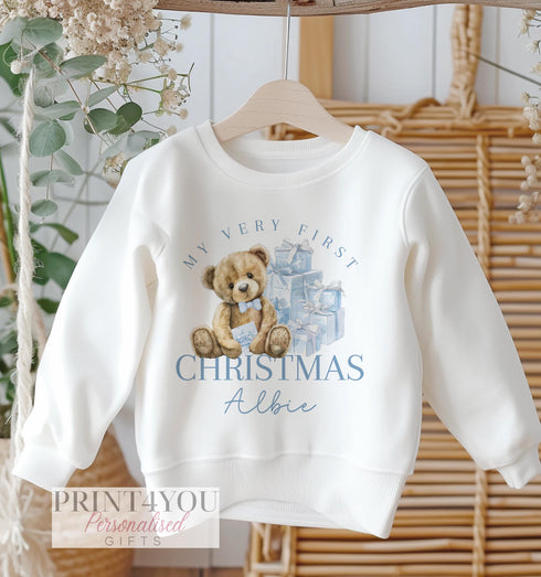 Personalised Babies First 1st Christmas Jumper. White Cotton Sweatshirt - My First Christmas Boye Blue Teddy bear