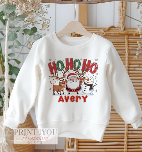 Personalised White Cotton Christmas Jumper for Kids - Santa Ho Ho Ho Design for Xmas Jumper Day