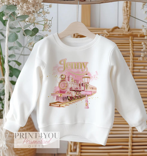 Personalised Kids White Cotton Christmas Jumper with Pink Express Train Design