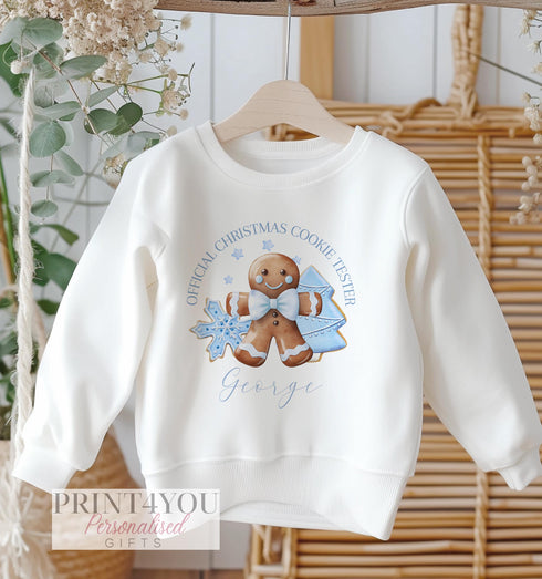 Personalised White Cotton Christmas Jumper with Blue Gingerbread Man Design for Kids