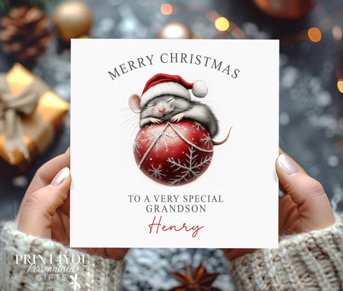 Personalised Christmas Card - Sleeping Mouse on Bauble for Daughter Sister Son Niece Granddaughter Cousin Best Friend or Grandson