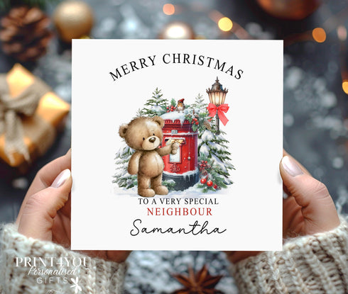 Personalised Christmas Card, Teddy Bear Post Box, card for Daughter, Sister, Niece, Granddaughter, Cousin, Postman, Neighbour