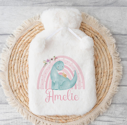 Personalised Hot Water Bottle, Christmas Gift Ideas, Dinosaur Rainbow for Girls