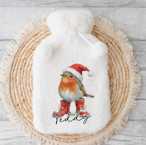 Personalised Hot Water Bottle, Christmas Gift Ideas, Robin in Red Boots