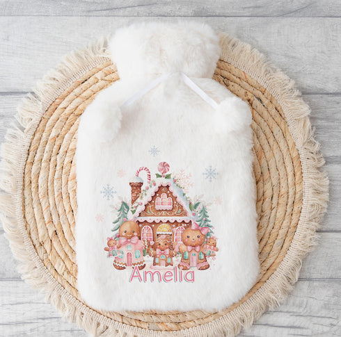 Personalised Hot Water Bottle, Christmas Gift Ideas, Gingerbread Man and House