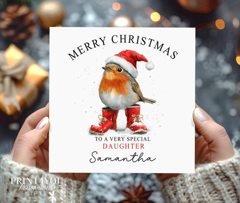 Personalised Robin in Boots Christmas Card - Perfect for Daughter Sister Niece Nephew Granddaughter Son Brother or Grandsons