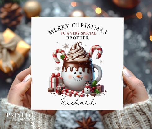 Personalise your holidays with our Snowman Hot Chocolate Christmas card - perfect for Brother Son Daughter Sister Niece Grandaughter or Friends