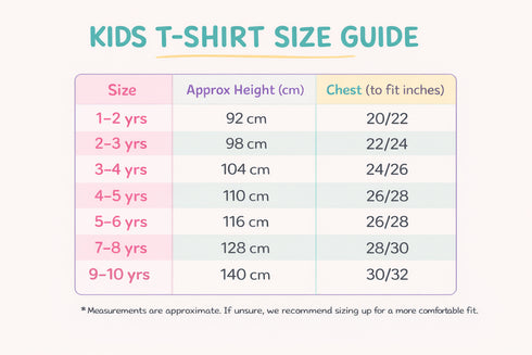 Kids t-shirt size guide chart with height and chest measurements