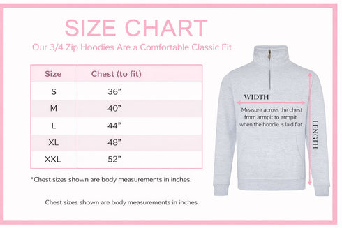 Size guide for personalised 3/4 zip hoodie showing chest measurements