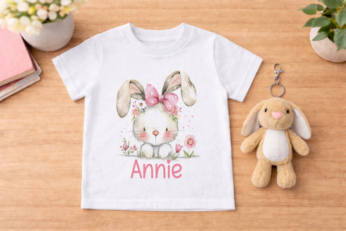 Personalised bunny t shirt with floral design and child’s name printed underneath