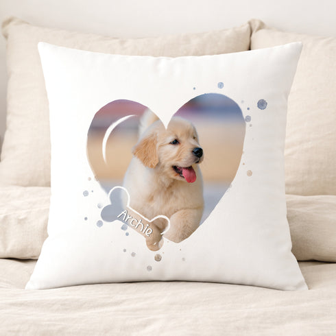 Personalised dog photo cushion with heart frame and custom pet name printed on soft white fabric