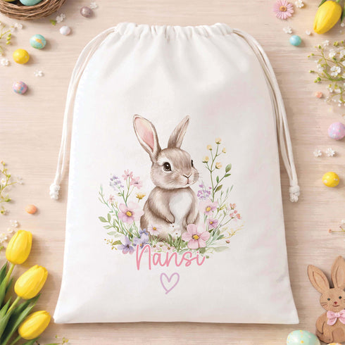 Personalised floral Easter bunny A3 drawstring bag with custom name for kids PE kit or egg hunt
