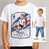 Personalised football player card t-shirt printed with a child's photo, name and age, worn by a young boy, white cotton tee