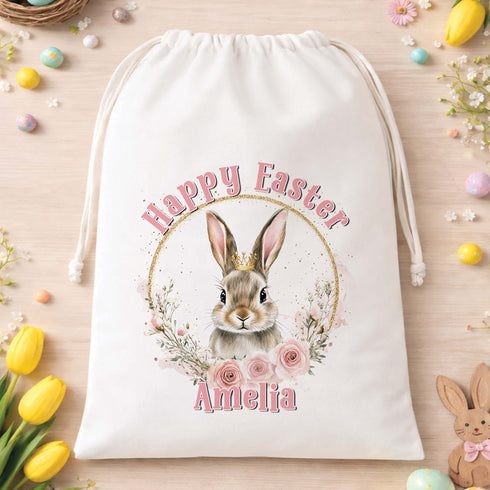 Personalised Happy Easter A3 drawstring bag with floral bunny wreath design and custom name