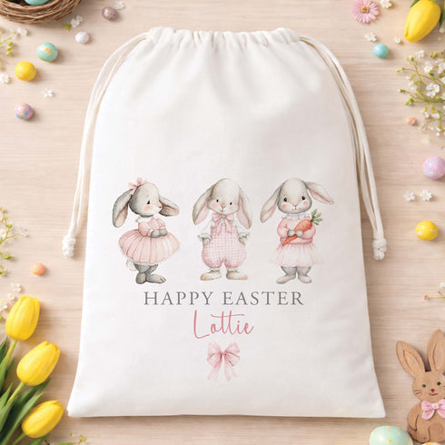 Personalised Happy Easter A3 drawstring bag with three pastel bunny characters and custom name