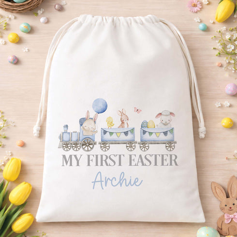 Personalised My First Easter A3 drawstring bag with bunny train design and custom baby name