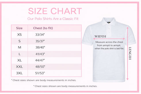 Size guide for personalised polo shirts showing chest measurements XS to 3XL