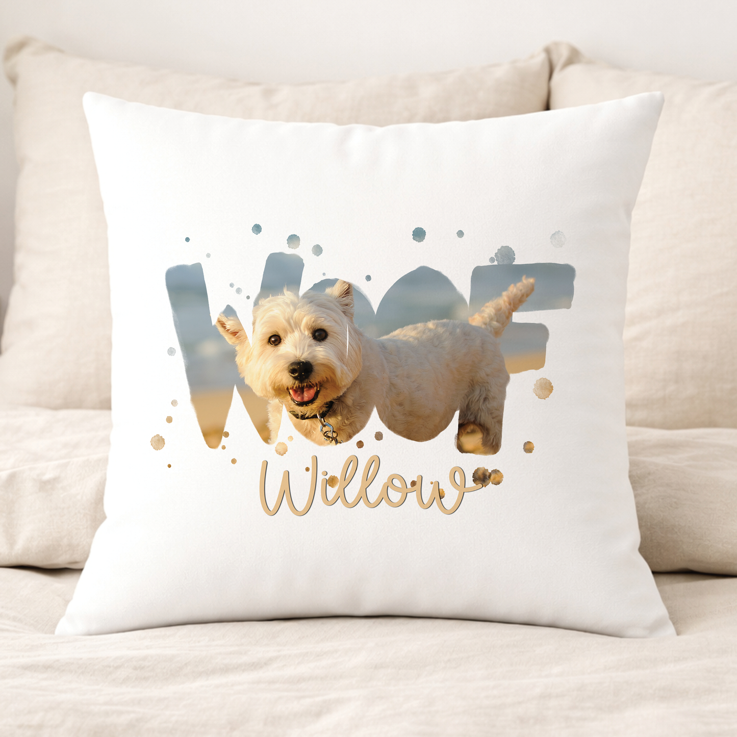 Personalised dog cushion design featuring a pet photo, the word 'Woof' and the dog's name printed on a cushion cover