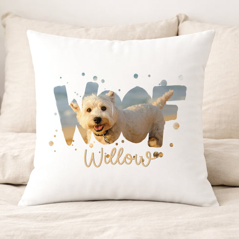 Personalised WOOF dog photo cushion with custom pet name printed on soft white fabric