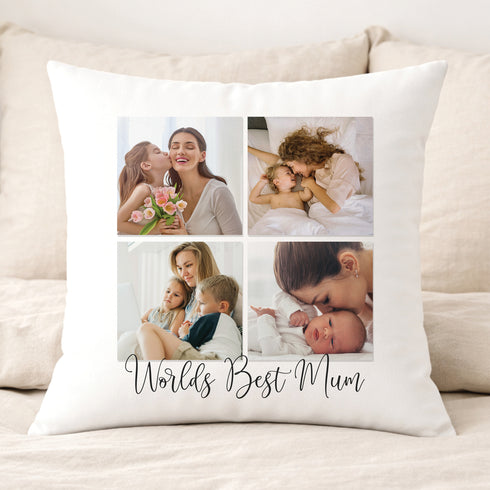 Personalised World’s Best Mum cushion with four custom family photos printed on soft white fabric