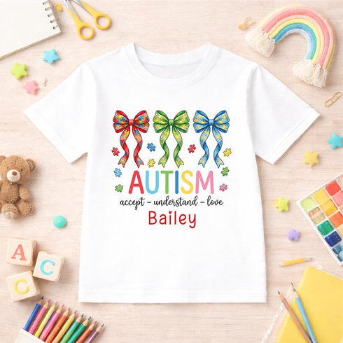 Personalised Autism Awareness T – Shirt – Custom Name Kids Tee, Accept Understand Love Shirt, Puzzle Ribbon Bow Top - 6-12 months T-shirt