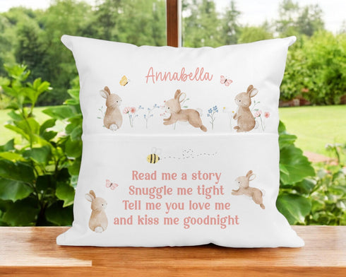 Alt: Personalised bunny book cushion with name children’s reading pillow with pocket