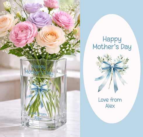 Personalised Mother’s Day glass vase with blue bow floral design