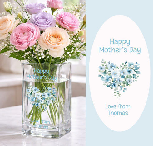 Personalised Mother’s Day glass vase with blue floral heart design