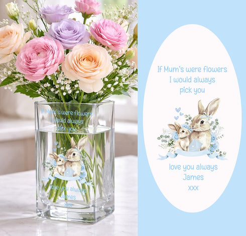 Personalised blue rabbit Mother’s Day glass vase with custom message and child’s name, 20cm clear square vase gift for mum.