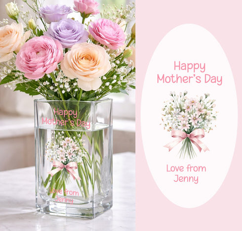 Personalised Mother’s Day glass vase with pink floral bouquet design