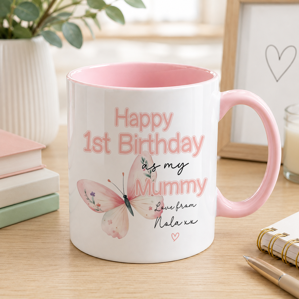 Pink personalised 1st Birthday as Mummy mug with a watercolour butterfly design and custom name