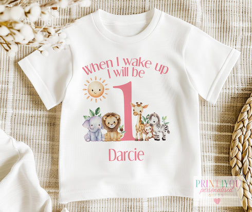 Personalised Pink Safari Sleepsuit Vest Set Perfect for First Birthday Celebration