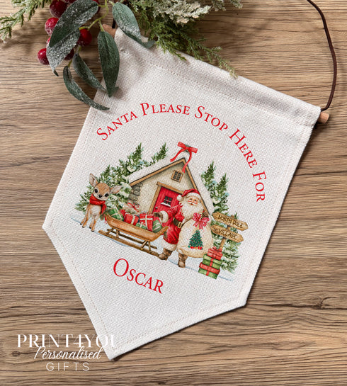 Personalised Santa Please Stop Here Banner – North Pole Christmas Scene, Linen Wall Flag, Kids Xmas Decoration