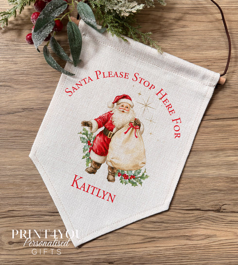 Personalised Santa Please Stop Here Banner – Father Christmas Linen Flag, Kids Xmas Decoration, Festive Wall Hanging