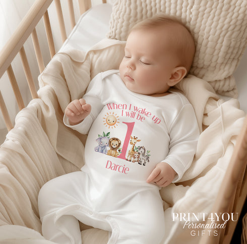 Personalised Pink Safari Sleepsuit Vest Set Perfect for First Birthday Celebration