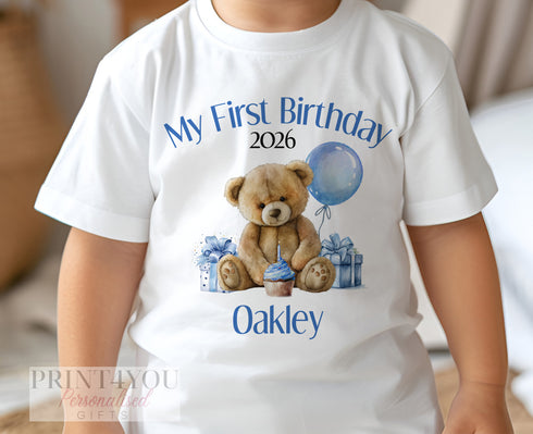 Personalised First Birthday One T-shirt, Sleepsuit and vest, Blue Teddy Bear First Birthday Outfit.