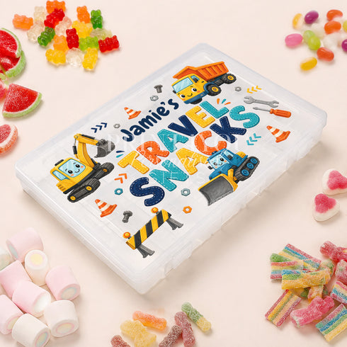 Personalised children’s travel snack box with colourful diggers and construction vehicles