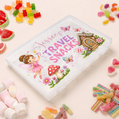 Personalised girls’ travel snack box with a pink fairy, flowers and magical fairy house