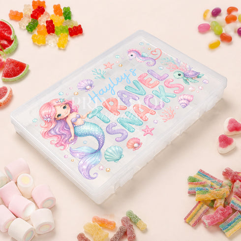 Personalised girls’ travel snack box with a pastel mermaid and under the sea design