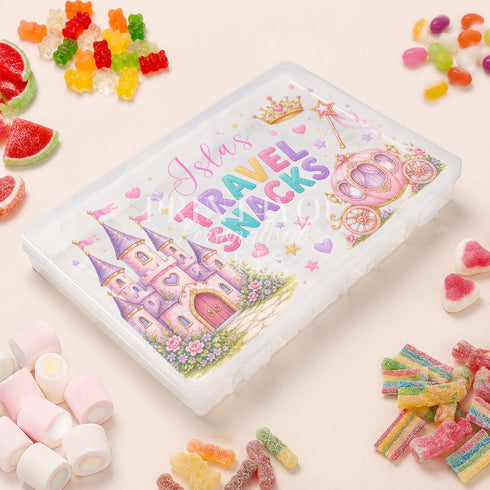 Personalised girls’ travel snack box with a pastel princess castle, carriage and crown
