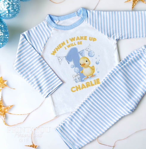 Personalised blue striped boys birthday pyjamas - Yellow Duck with bubbles