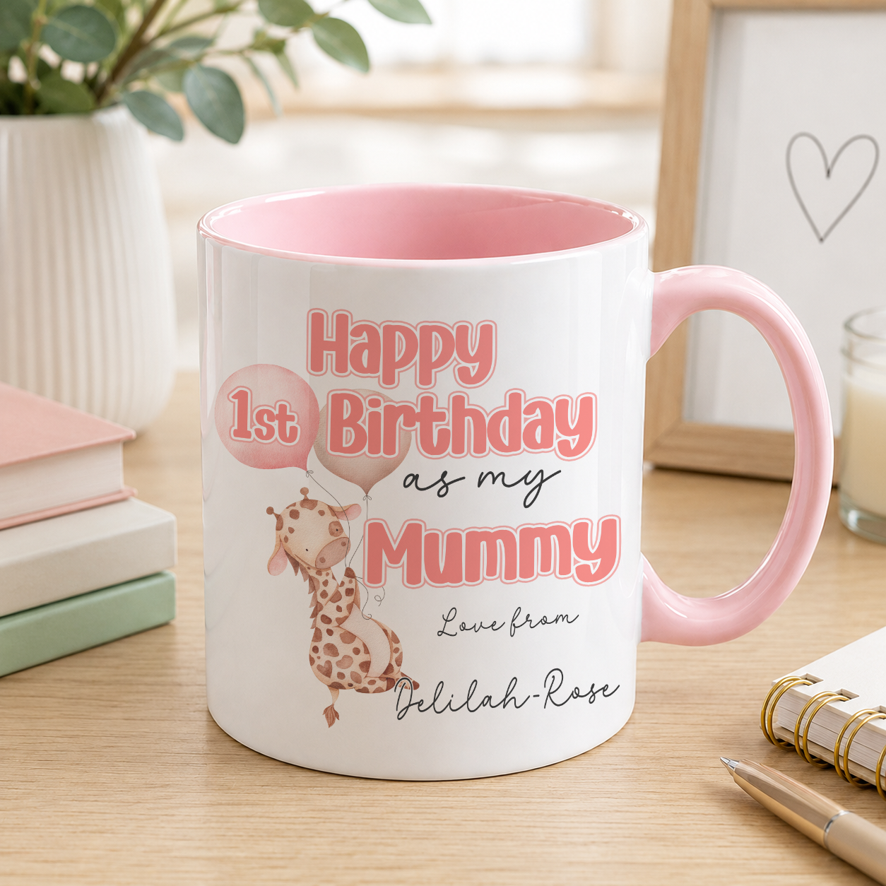 Pink personalised 1st Birthday as Mummy mug with a giraffe and balloon design and custom name